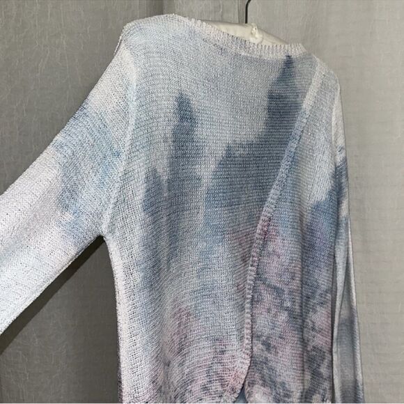 SIONI L White Blue Pink Cloud Floral Reverse Knit Sweater Blouse Pullover - Picture 6 of 11